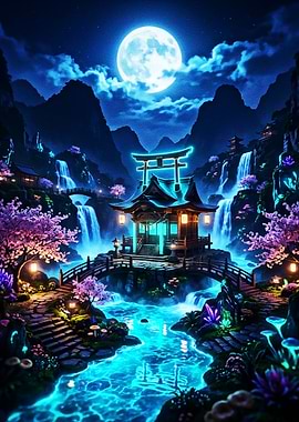 Sacred Neon Shrine Beneath the Moonlight