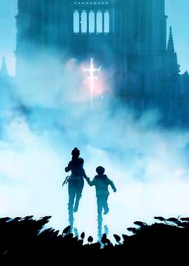 Mother and child running towards a glowing cross