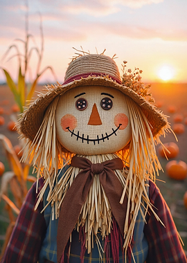 Scarecrow in a Pumpkin Patch at Sunset