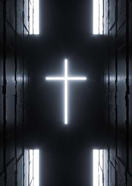 Glowing Cross in Dark Corridor