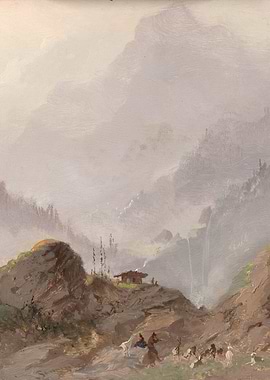 Mountain Landscape with Figures and Waterfall