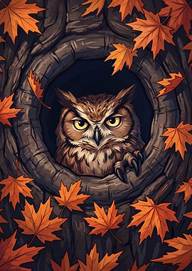 Grumpy Great Horned Owl Autumn Illustration