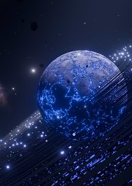 Sci-fi planet with glowing rings