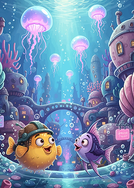 Underwater City with Cute Fish and Jellyfish