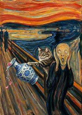 Cat knocks over vase in Edvard Munch's The Scream
