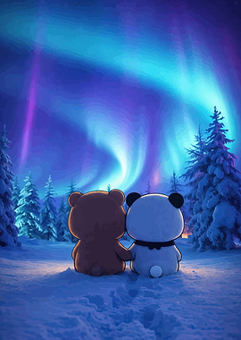 Cute Bears Watching Aurora Borealis