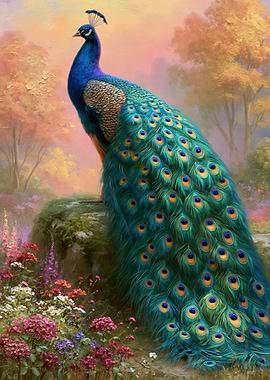 Majestic Peacock in a Floral Garden