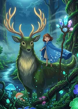Girl and Deer in Magical Forest