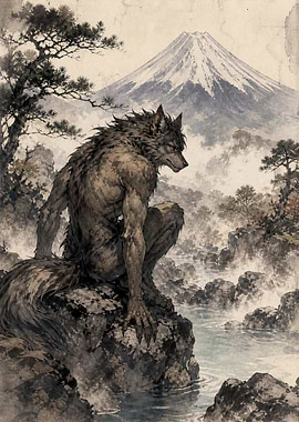 Werewolf overlooking Mount Fuji