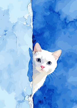 White cat peeking from behind a blue wall