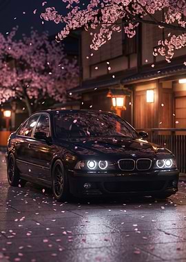Black BMW E39 M5 at Night with Cherry Blossoms