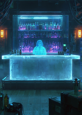 Holographic Bartender in a Cyberpunk Bar