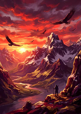 Majestic Mountain Sunset with Eagles