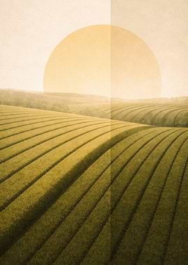 Rolling Hills and Sun - Minimalist Golden Hour Fields
