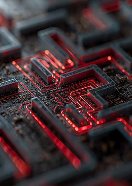 Futuristic Circuit Board with Red Glow