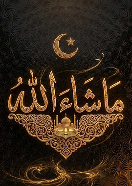 Islamic Calligraphy with Mosque and Crescent Moon