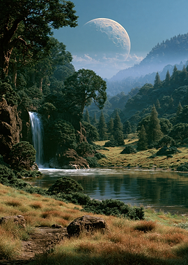 Alien Moonlit Forest Waterfall
