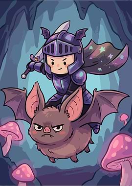 Knight Riding a Bat in a Cave