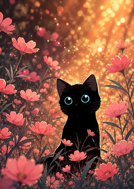 Black Cat in a Field of Flowers