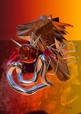 Abstract Metallic Sculpture with Fiery Background