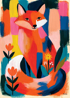 Vivid Fauvist Fox Colorful Folk Wall Art