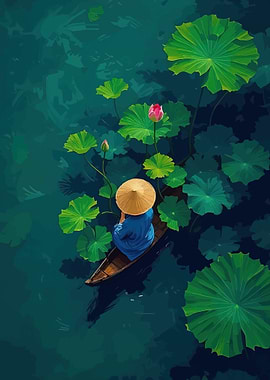 Person in Boat Among Lotus Flowers