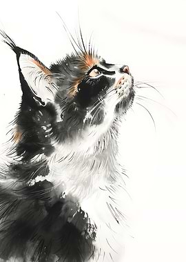 Watercolor Painting of a Cat Looking Up