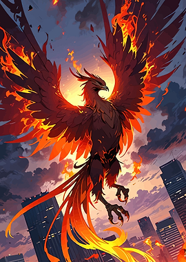 Fiery Phoenix Over Cityscape