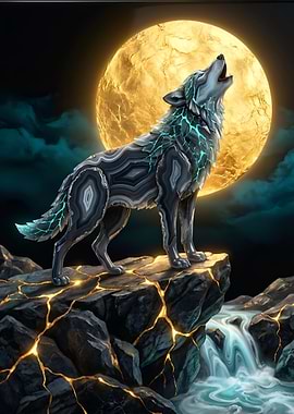 Wolf howling at the golden moon