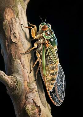 Detailed Cicada on Tree Bark