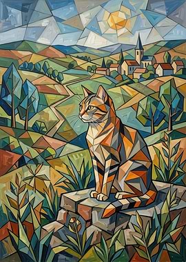 Cubist Cat in a French Landscape