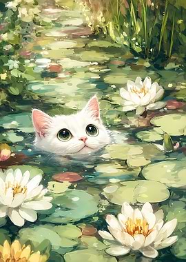 Cute White Cat in a Lily Pond