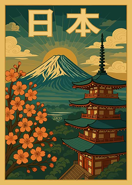 Mount Fuji Poster, Japanese Pagoda Wall Art, Cherry Blossom Landscape Print
