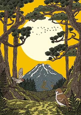 Mountain Landscape with Birds and Trees