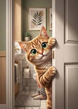 Cute Cat Peeking Through Bathroom Door