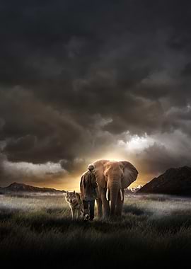 Man, Wolf, and Elephant in Stormy Landscape