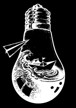 Lightbulb with Paper Boat and Waves