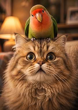 Lovebird Perched on a Cat's Head