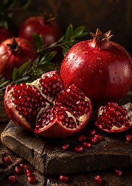 Fresh Pomegranates on a Wooden Board