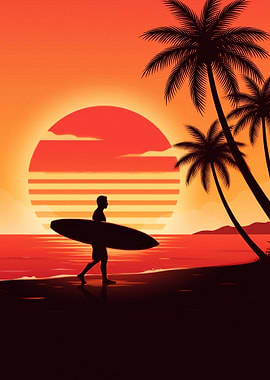 Surfer walking on beach at sunset