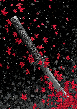 Katana Sword with Falling Maple Leaves