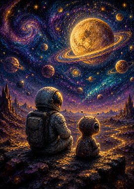 Astronaut and Alien Admire Cosmic Landscape