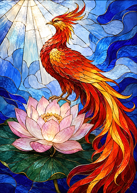 Phoenix perched on a lotus flower