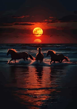Horses running in the ocean at sunset