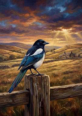 Magpie perched on a fence post at sunset