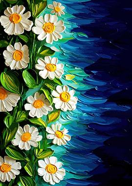 Impressionistic Daisies on Blue Background