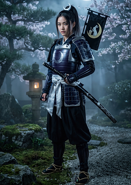 Samurai Warrior in Moonlit Garden