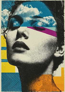 Surreal Portrait with Sky and Geometric Patterns