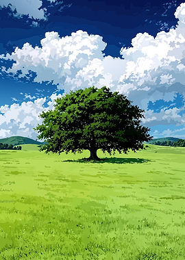 Serene Landscape with Large Oak Tree