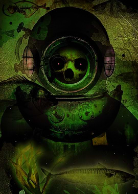 Scary Diver Skull in Green Depths' Poster, picture, metal print